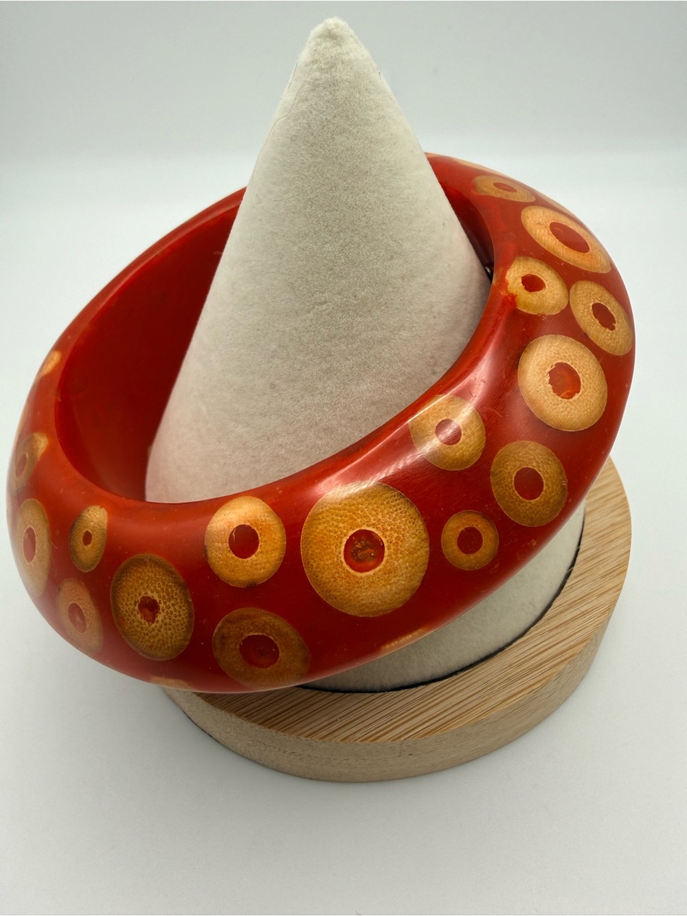 Vintage Kenneth Jay Lane KJL Chunky Red Resin Wood Bangle Bracelet Signed 7.75”